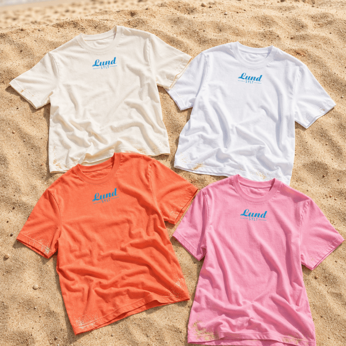 4 Lund shirts gesammelt Vier Lund-Shirts – Blaues Logo in Creme, Weiß, Orange und Rosa, jeweils mit einem auffälligen blauen Logo, das auf dem Sand in Strandnähe zu sehen ist.