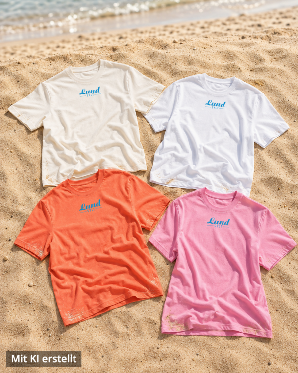 4 Lund shirts gesammelt – KI Vier Lund-Shirts – Blaues Logo in Creme, Weiß, Orange und Rosa, jeweils mit einem auffälligen blauen Logo, das auf dem Sand in Strandnähe zu sehen ist (Bild mit KI erstellt)