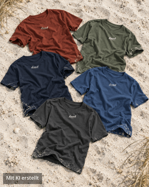 Lund Sylt T-Shirts mit weißem Logo in fünf Farben auf Sylter Strandsand Fünf Sylt T-Shirts von Lund Sylt mit weißem „Lund Sylt“-Logo in Erdrot, Aloe, Navy, Arbeiterblau und Anthrazit liegen locker verteilt auf hellem Sylter Strandsand (Bild mit KI erstellt)