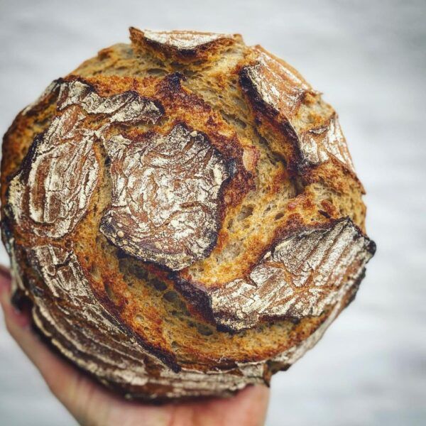 Bio_sauerteig_steinofenbrot_LundSylt Die Hand einer Person hält einen Laib BIO STEINOFENBROT.