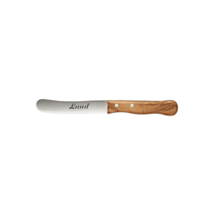 Ein Messer mit Holzgriff auf weißem Hintergrund.