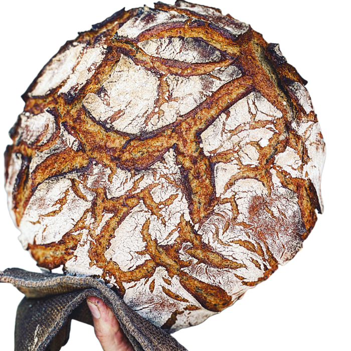 Eine Hand hält ein rundes, knuspriges 1,5 kg FINDLING-GEWÜRZBROT mit einer rissigen, mit Mehl bestäubten Oberfläche, das die Essenz handwerklicher Backkunst verkörpert.