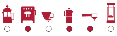 Rot-weiße Symbole von Kellnern, Kaffeemaschinen, Köchen, Drehtüren und Essenstabletts auf einem Förderband.