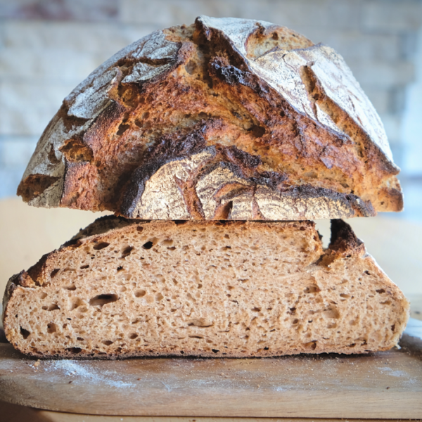 Lund Sylt Bio Steinofen Roggensauerteig Ein rustikaler Laib BIO STEINOFENBROT, halbiert, um eine strukturierte und luftige Krume freizugeben, präsentiert auf einer Holzoberfläche.