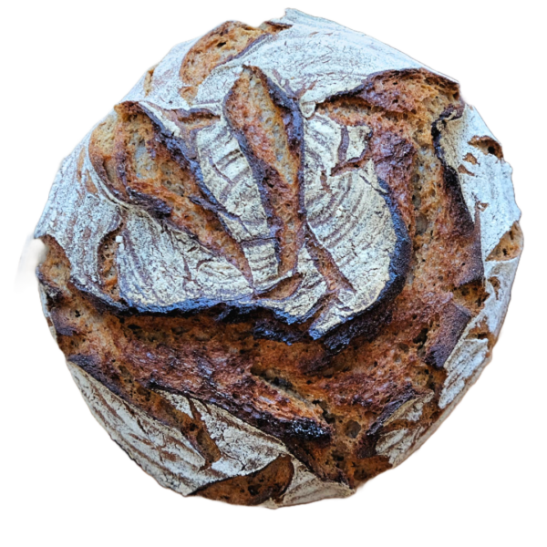 Ein runder, rustikaler Laib BIO STEINOFENBROT mit einer knusprigen, mit Mehl bestäubten Kruste.