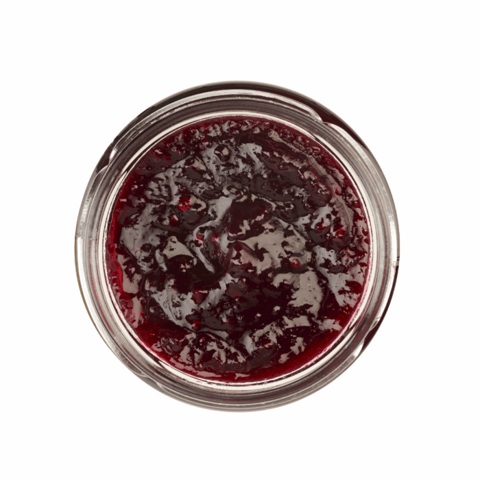 Lund Sylt marmelade sylter mischung-open Draufsicht auf ein offenes Glas gefüllt mit dunkelroter Beerenmarmelade.