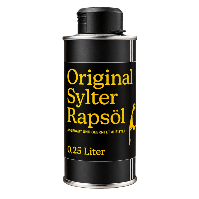 Schwarze, zylindrische Blechdose mit der Aufschrift „SYLTER RAPSÖL Kaltgepresst, nativ“, 250 ml, mit gelber Beschriftung und einem Verschluss.