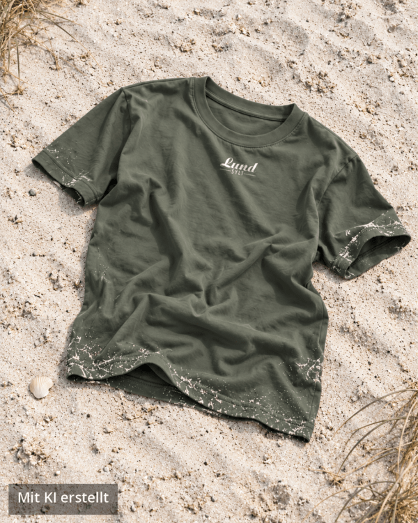 Lund Sylt T-Shirt Aloe mit weißem Logo auf Sylter Strandsand Sylt T-Shirt von Lund Sylt in Aloe (Aloe) mit weißem „Lund Sylt“-Logo auf der Brust, locker auf hellem Sylter Strandsand mit Strandhafer liegend (Bild mit KI erstellt)