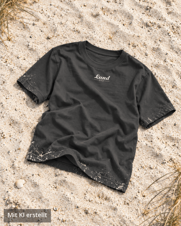 Lund Sylt T-Shirt Anthrazit mit weißem Logo auf Sylter Strandsand Sylt T-Shirt von Lund Sylt in Anthrazit (Anthracite) mit weißem „Lund Sylt“-Logo auf der Brust, locker auf hellem Sylter Strandsand mit Strandhafer liegend (Bild mit KI erstellt)