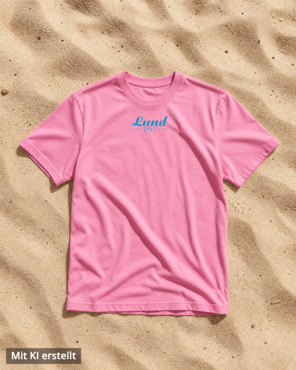 Shirt bubblepink auf sand blaues logo Mock up – KI Pinkfarbenes LundSylt T-Shirt in XXL mit "Lund SYLT" in blauer Schrift auf sandfarbenem Hintergrund (Bild mit KI erstellt)