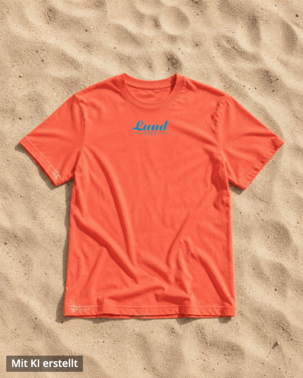 Shirt fiesta auf sand blaues logo Mock up – KI Rotoranges Lund-Shirt mit blauem Logo auf Sand (Bild mit KI erstellt)