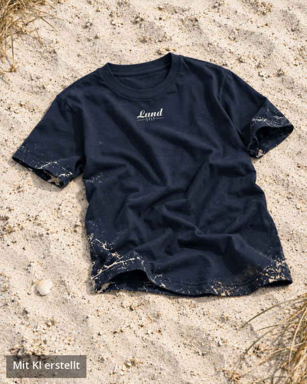 Lund Sylt T-Shirt Navy mit weißem Logo auf Sylter Strandsand Sylt T-Shirt von Lund Sylt in Navy (French Navy) mit weißem „Lund Sylt“-Logo auf der Brust, locker auf hellem Sylter Strandsand mit Strandhafer liegend (Bild mit KI erstellt)