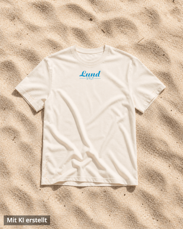 Shirt naturalraw auf sand blaues logo Mock up – KI Ein weißes „LundSylt“-T-Shirt in Größe XXL mit auffälliger blauer Aufschrift liegt im strahlenden Sonnenlicht auf strukturiertem Sand (Bild mit KI erstellt)