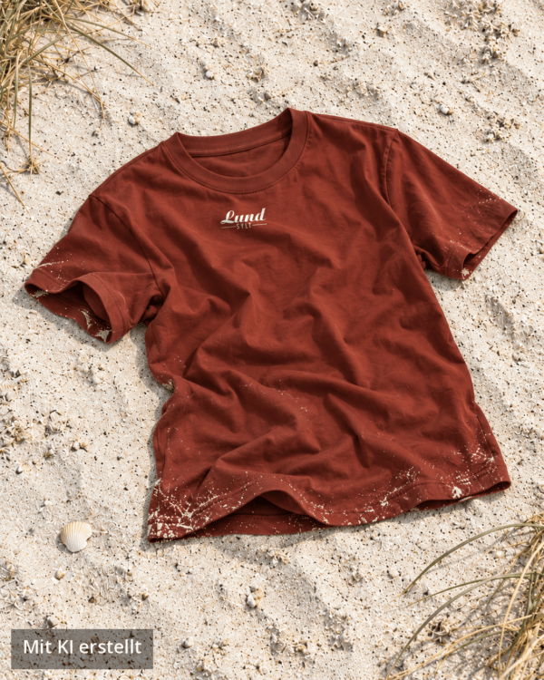 Lund Sylt T-Shirt Erdrot mit weißem Logo auf Sylter Strandsand Sylt T-Shirt von Lund Sylt in Erdrot (Red Earth) mit weißem „Lund Sylt“-Logo auf der Brust, locker auf hellem Sylter Strandsand mit Strandhafer liegend (Bild mit KI erstellt)