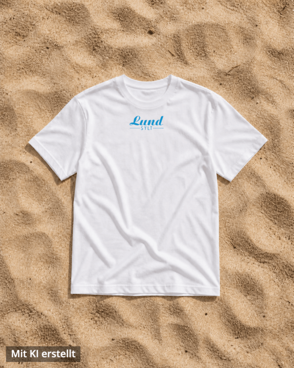 Shirt weiß auf sand blaues logo Mock up – KI Weißes Lund-Shirt mit blauem Logo auf Sand (Bild mit KI erstellt)