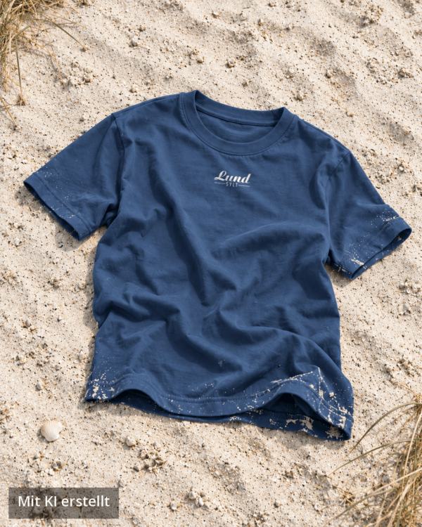 Lund Sylt T-Shirt Arbeiterblau mit weißem Logo auf Sylter Strandsand Sylt T-Shirt von Lund Sylt in Arbeiterblau (Worker Blue) mit weißem „Lund Sylt“-Logo auf der Brust, locker auf hellem Sylter Strandsand mit Strandhafer liegend (Bild mit KI erstellt)