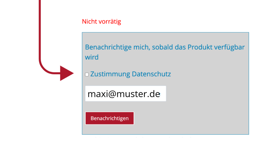 Popup-Fenster mit einem E-Mail-Formular, einem Kontrollkästchen für die Einwilligung und dem Text „Nicht vorrätig“, der darauf hinweist, dass das Produkt im Shop Lund Sylt nicht verfügbar ist.