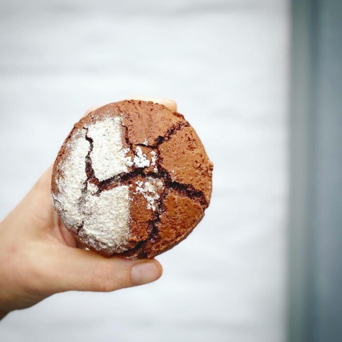 sylter_Lichtkornroggen_cookie Eine Hand, die einen geknackten SYLTER LICHTKORNROGGEN - SCHOKOCOOKIE Crinkle hält, bestäubt mit Puderzucker, präsentiert eine köstliche Leckerei.